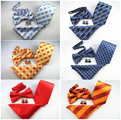 Мода высокого класса полиэстер окрашенная пряжа жаккардовые галстук уникальные украшения Дизайн галстук бабочку платок запонки четырех