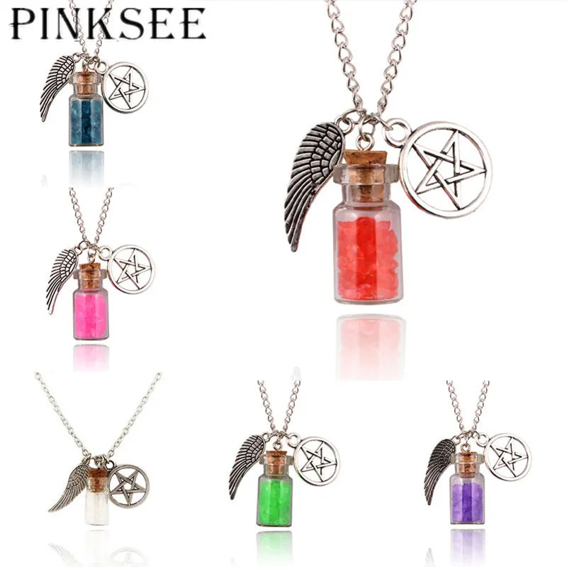 

PINKSEE Supernatural Protection Necklace Angel Wing Pentagram With Salt Bottle Pendant Chain Necklaces Women Charm Jewelry Gifts