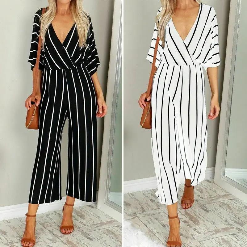 

Women Striped Jumpsuit Elegant Clubwear Holiday Summer Losse V-neck Jumpsuit Playsuit Female Romper Beach Outfits