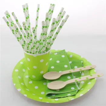 

Free Shipping 350pcs Colorful with White Dot Party Tableware Party Favor Paper Plate Cup Straw Napkin Wooden Cutlery
