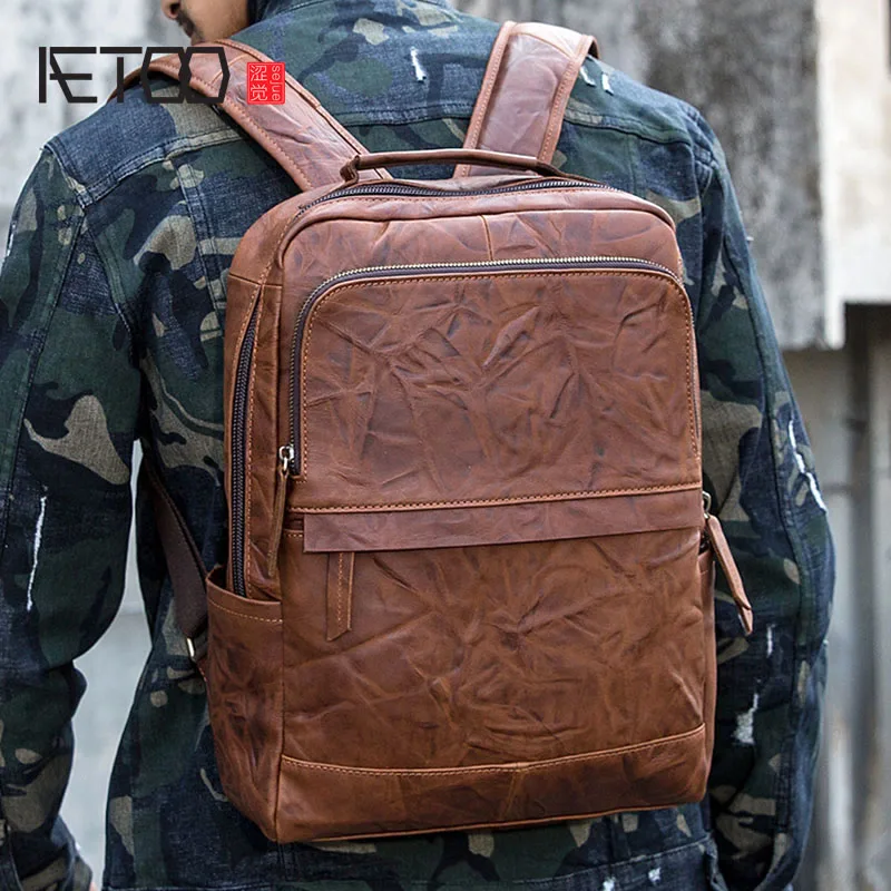 

BJYL Large-capacity backpack leather backpack British wind computer bag retro first layer leather handmade travel bag bag tide