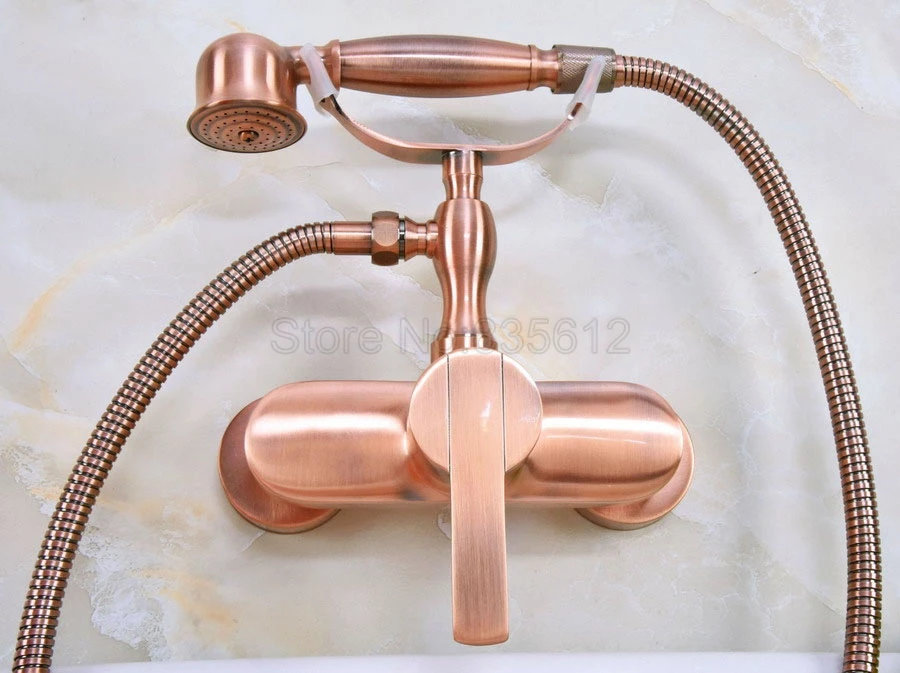 

Antique Red Copper Single Handles Bathtub Shower Faucet Wall Mount Bathroom Tub Faucet with Handheld Sprayer tna318