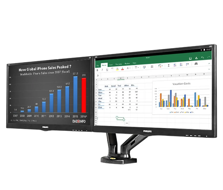 NB F160 Настольный 17-27 дюймовый ЖК-светодиодный двойной держатель для монитора, газовая пружина, полное движение, алюминиевое вращение, крепление для ТВ, загрузка 2-6,5 кг