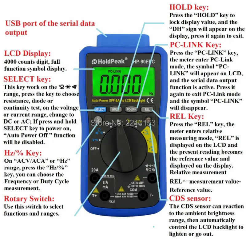 HoldPeak DC/AC Автоматический диапазон цифровой мультиметр метр с USB/программное обеспечение CD и выход данных Fuanction 90EPC