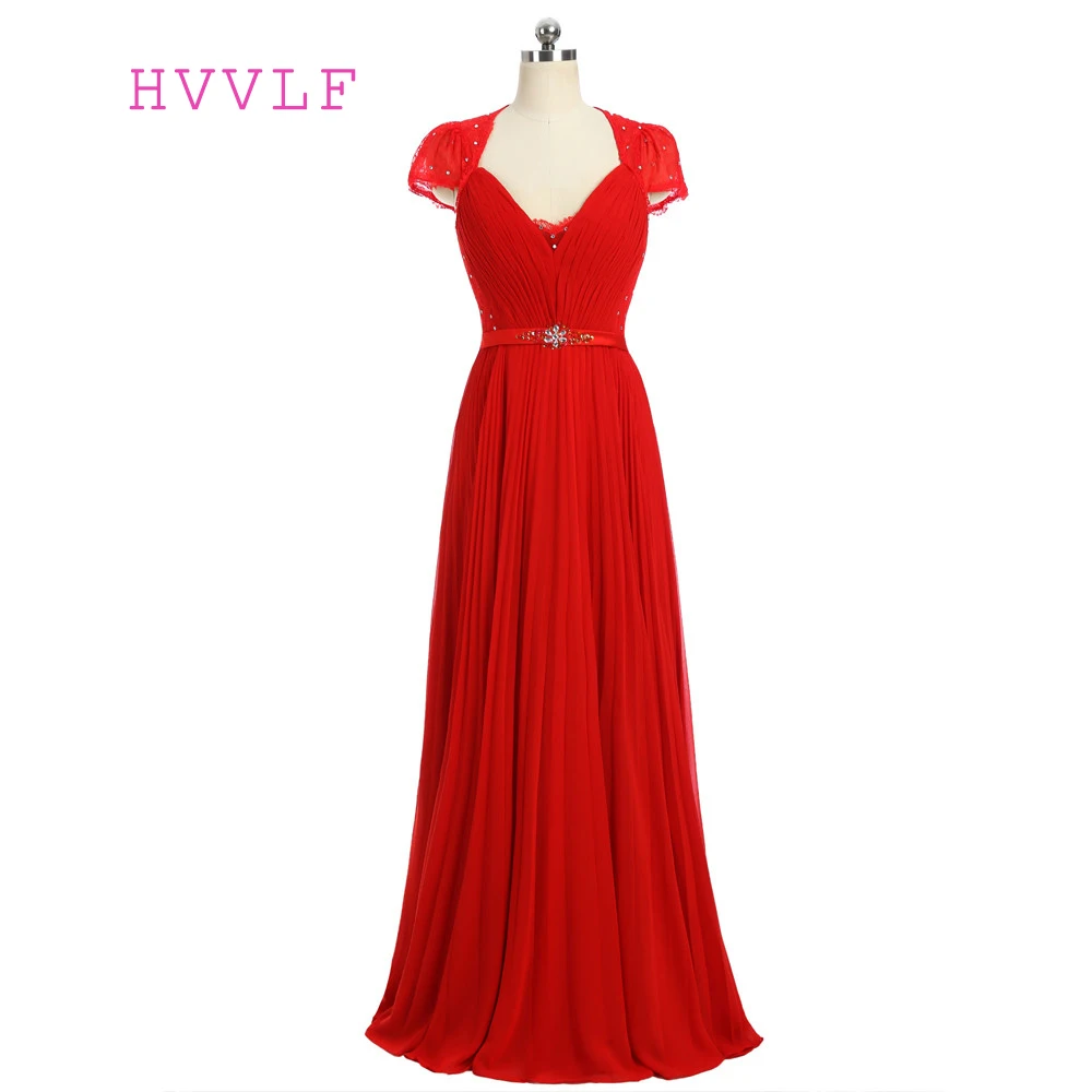 

Red 2019 Formal Celebrity Dresses A-line Cap Sleeves V-neck Floor Length Chiffon Lace Beaded Famous Red Carpet Dresses
