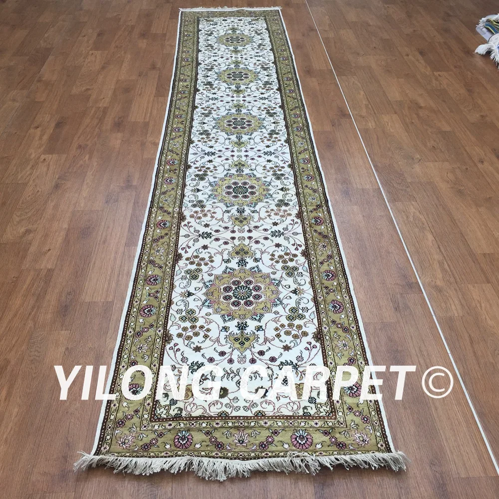 Yilong 2 5 'x 12' шелковые коврики ручной работы дорожки для коридора зеленые и белые
