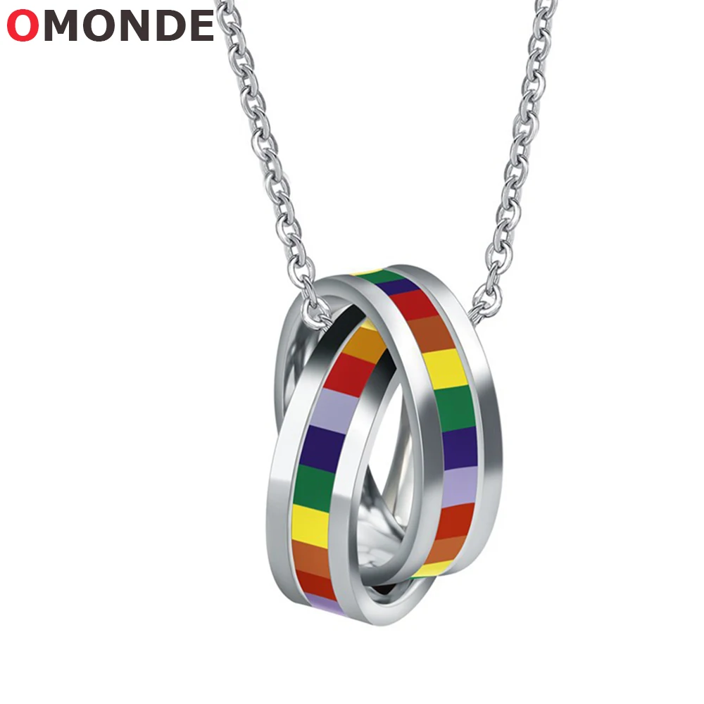 

Colorful Rainbow Necklaces Stainless Steel Double Round Loop Charms Pendant Link Chains for Men Women Unisex Fashion Jewelry