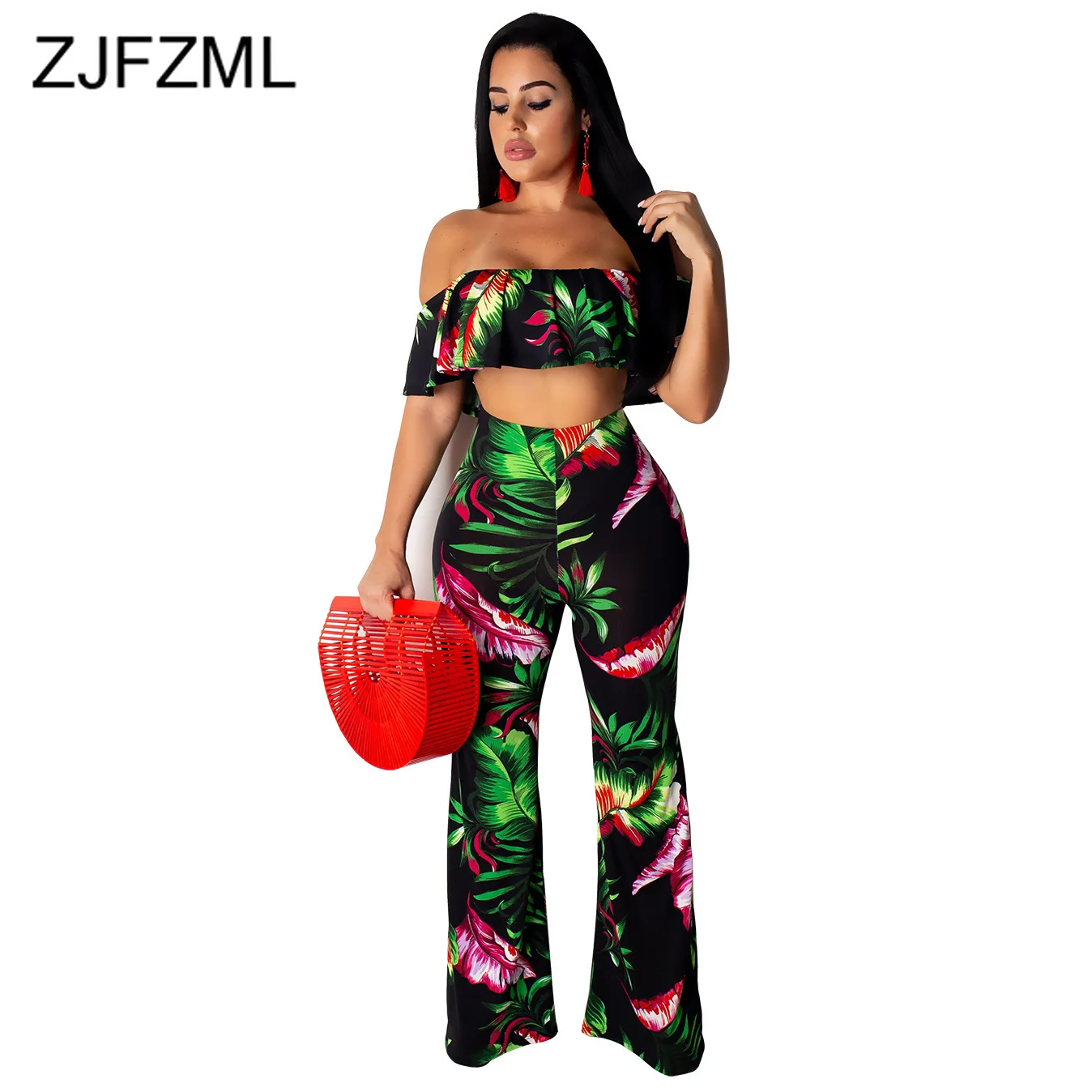

Leaves Print Sexy Two Piece Outfits Women Off Shoulder Backless Crop Top And Wide Leg Pants Summer 2 Pcs Matching Set Sweatsuit
