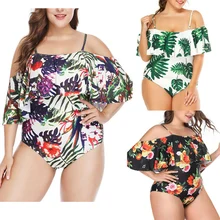 Плюс размер женский один шт. Монокини Мягкий бикини с рюшами и цветочным принтом купальник пляжный купальный костюм с открытыми плечами купальный