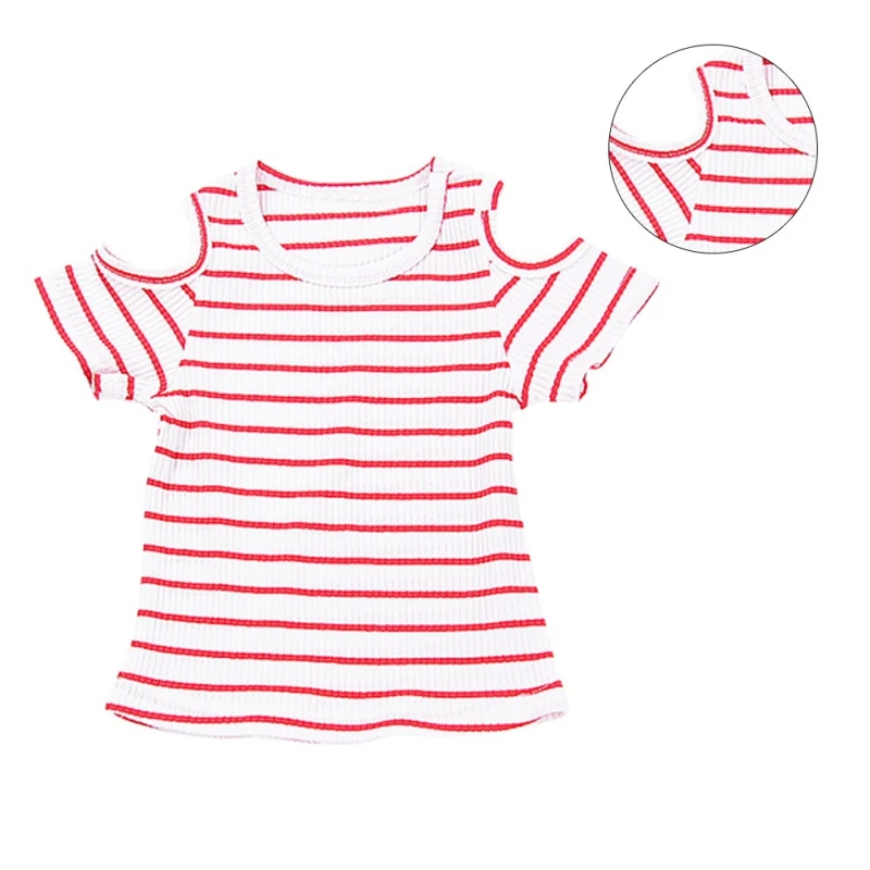 Летняя Милая модная футболка с открытыми плечами для маленьких девочек Повседневная полосатая блузка Футболка для девочек топы - Цвет: Красный