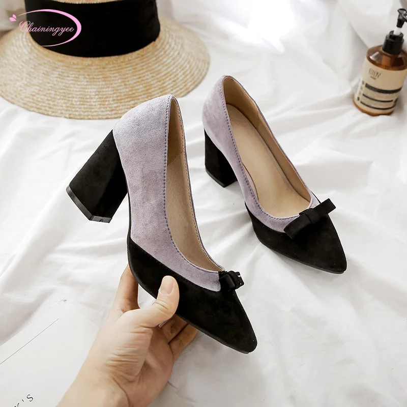 

Japanese college style sexy pointed toe flock pumps bowknot color matching apricot purple thick high heel women's shoes big size