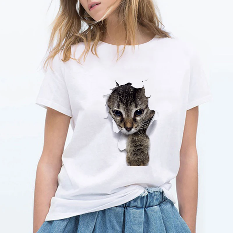 

2019 New T-shirt Charmed 3D cat Print Casual Harajuku Women T Shirt Summer Short sleeve 0-neck Aesthetic T Shirt Femme clothing