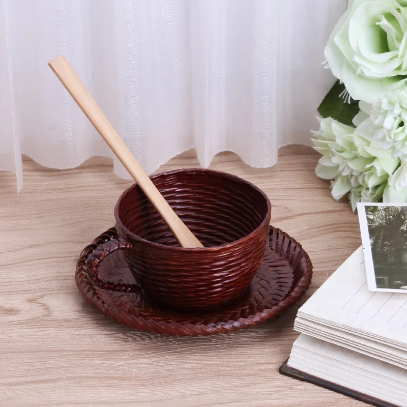 Винтажная бамбуковая чашка тканая непромокаемая утечка кофейная кружка набор с тарелкой и ложкой#0703