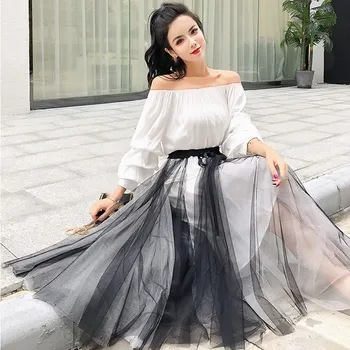 

Women Slash Neck Blouse Tops High Waist Sashes Mesh Skirts Sets Elegant Woman Two Piece Skirts Set
