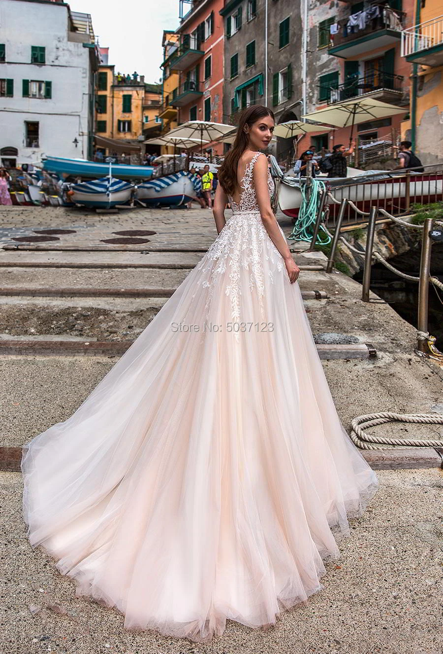 Тюль A Line Свадебные платья 2019 Совок с цельнокроеным коротким рукавом с аппликацией спинки свадебные платья, платья невесты корт Поезд Vestido De