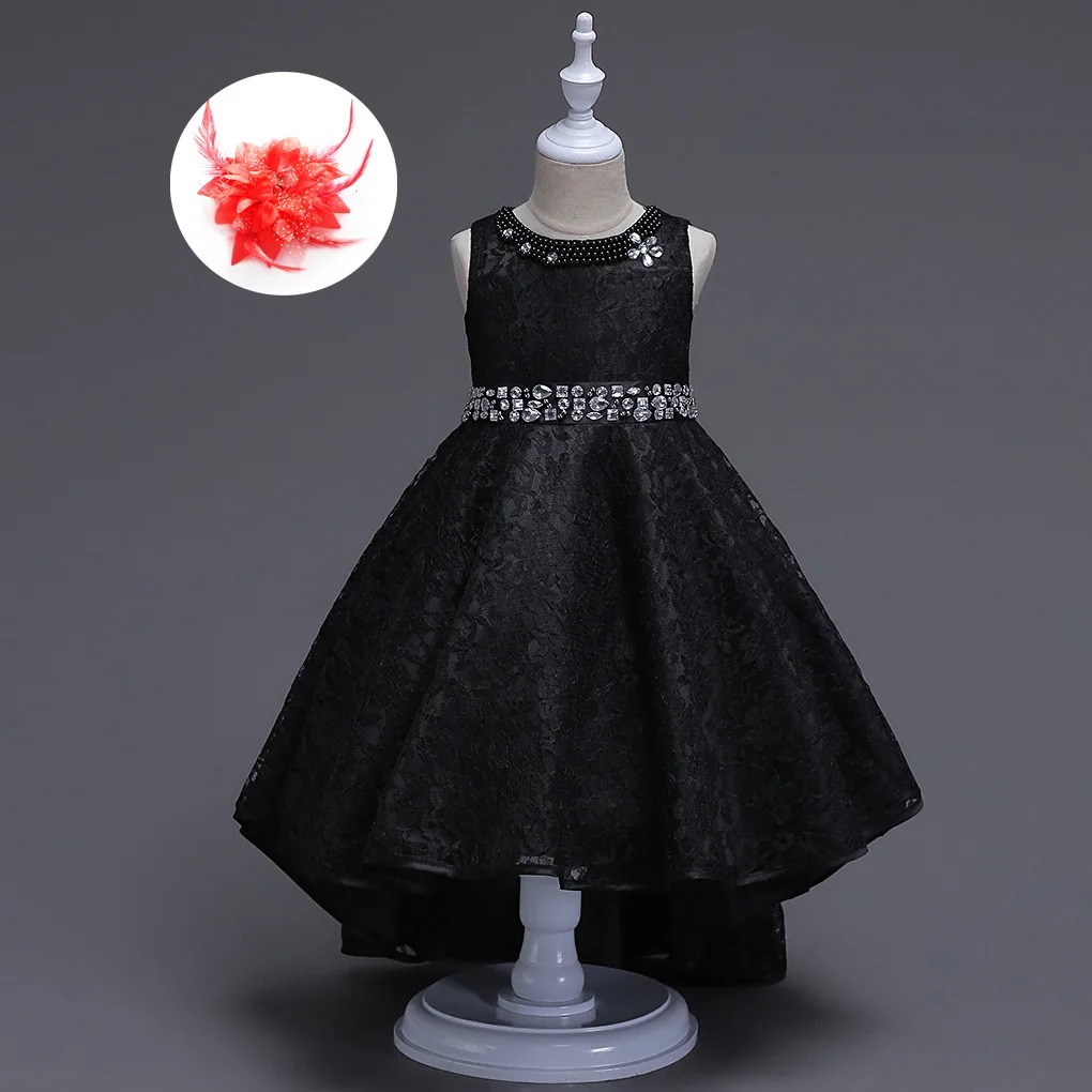 

Children Red Wine Blue Beige High and Low Prom Dresses Rhinestone Sash Belt Beaded Neck Kids Long Dress Black Gowns for Girls