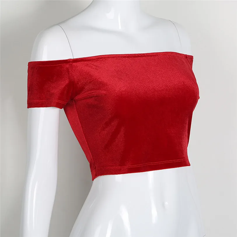 strapless tshirt women 2018 vintage velvet t-shirt streetwear women crop top tee shirt femme manche courte wholesale noJE20 (3)
