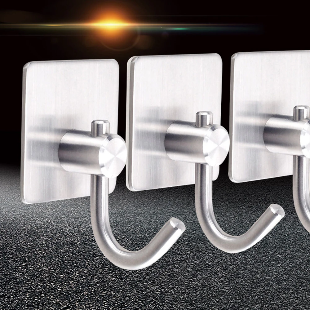 Stainless Steel Adhesive Hooks for Bathroom Storage Clothe Coat Hat Hanger Kitchen Wall Door