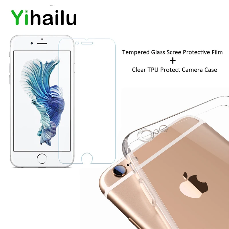 TPU Case+Glass Screen Protect For iPhone 6 7 8 Soft Clear Slim Back Cover 6Plus Tempered Glass Film Set |