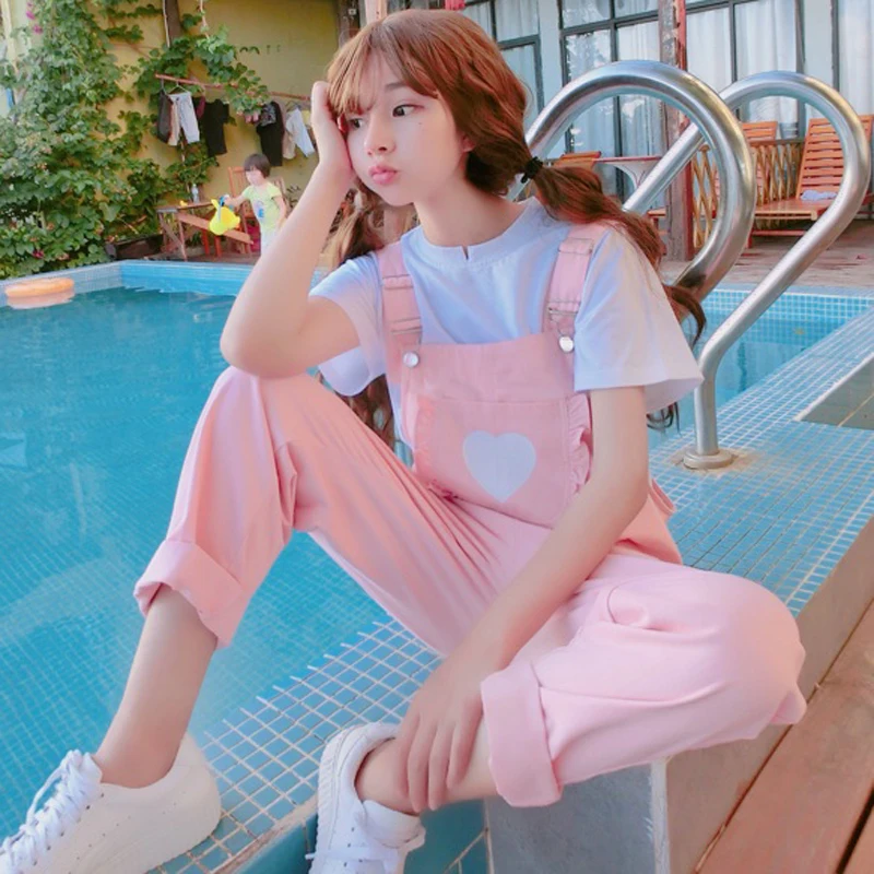 

Summer soft sister Japanese girl lovely girl Pink overalls Strap pants