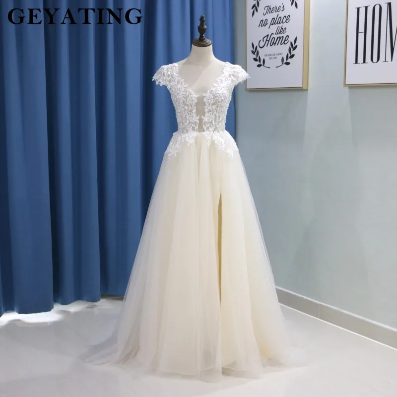 Vintage Ivory Lace Beach Wedding Dresses 2019 Boho Deep V Neck Low