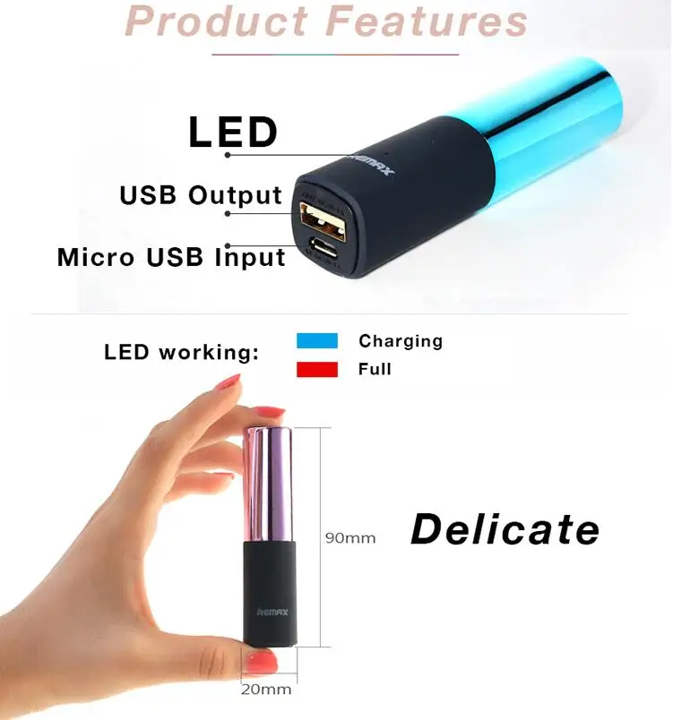 Reamx USB Powerbank для iphone samsung губная помада Стиль 2400 мАч Внешнее зарядное устройство для мобильных телефонов планшеты повербанк