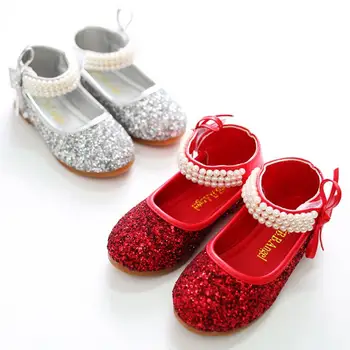 

Girls Shoes 2019 New Brand Kids Pearl Princess Party Shoes Good Quality Sequins Sandals For Girl Silver Red Girl Sneaker