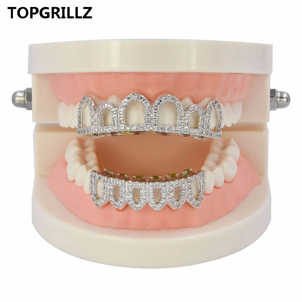 TOPGRILLZ чистое золото цвет покрытием хип хоп микро Pave CZ Клык полый верх и дно GRILLZ вампирские зубы грили набор