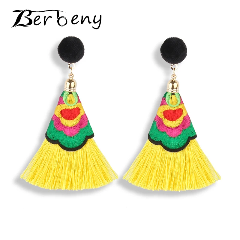

Berbeny 2018 Newest Bohemian Color Tassel Earrings Fashion Flower Pattern Embroidered Drop Earrings For Women Bride Jewelry