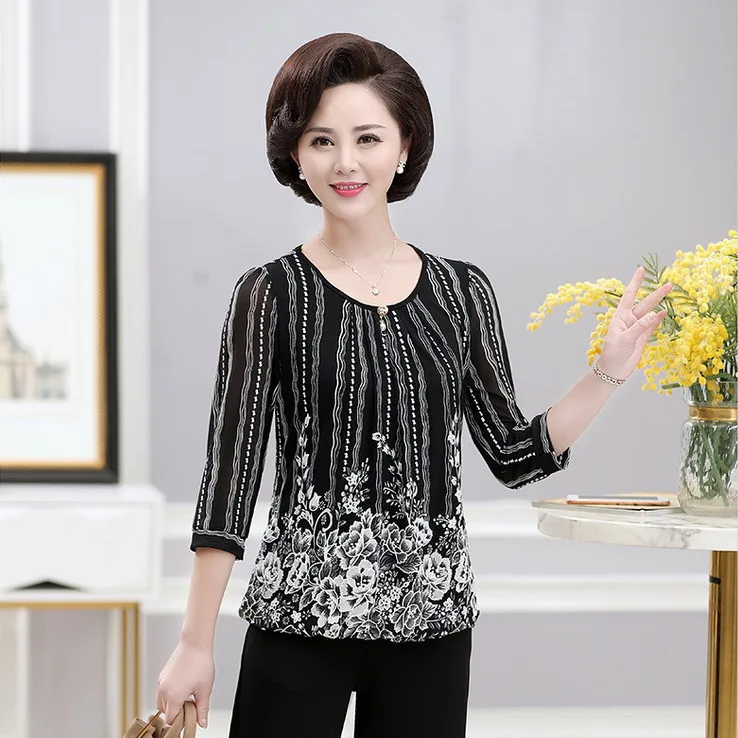 

tee shirts women tops 2019 summer new casual plus size printed middle age mother pullover t-shirts