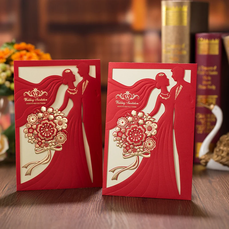 1 шт. красная Золотая лазерная резка свадебные пригласительные открытки Жених и невеста элегантная поздравительная открытка с конвертами украшения для свадебной вечеринки