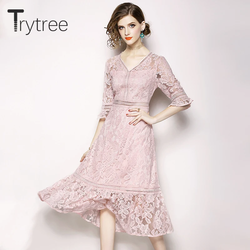

Trytree Summer Autumn Dress Elegant Lace Casual Solid Pink Flare Sleeve women dresses V-Neck A-line Empire Office Lady Dress