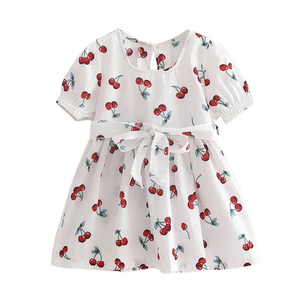 

2019 New Girls Dress Girls O-neck Short Sleeve Cute Fruit Cherry Print Cotton Summer Dress Girl Kids Sundress