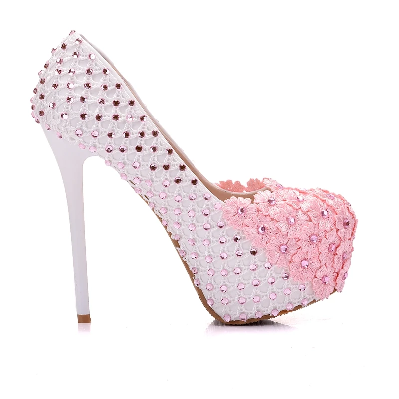 Кристалл Queen белые кружевные цветы Для женщин обувь на высоком каблуке с круглым носком на платформе Свадебная обувь свадебные туфли