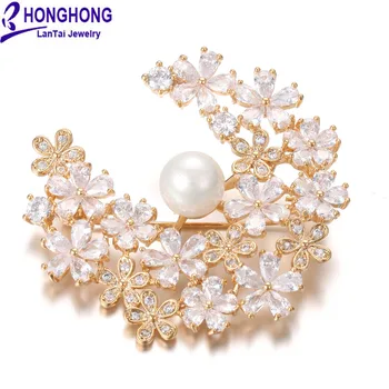 

HONGHONG Cubic zirconia pearl pins and brooches High Quality Plant flowers Brooch Wedding Dress fashion Jewelry Free Shipping