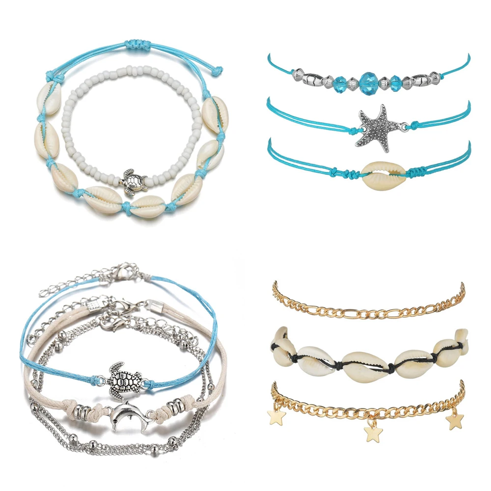 

Summer Turtle Shell Star Charm Rope String Anklets For Women Ankle Bracelet Sandals On the Leg Chain Foot Seashell Beach Jewelry