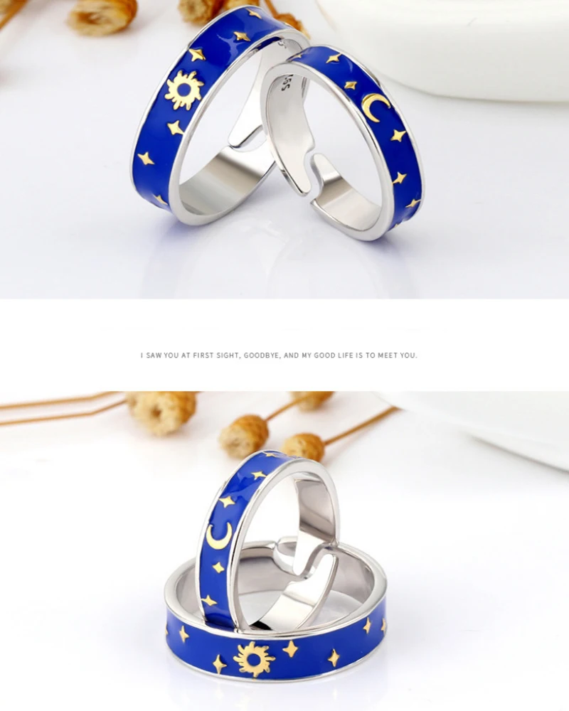 Qevila Rings Genuine 925 Silver Van Gogh Gold Moon Star Sun Enamel Canvas Finger Ring Romantic gifts for Women men Lover Jewelry (11)
