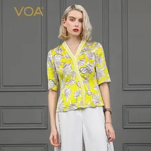 VOA ярко-желтая футболка роскошные женские шелковые топы с v-образным вырезом и принтом с коротким рукавом Повседневная Женская одежда Harajuku тонкий пуловер B838