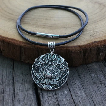 

Mandala flower pendant necklace yoga jwelry with Genuine Leather Stainless Steel Clasp chain