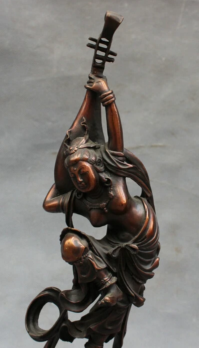 

Collectible bronze S1396 14" Chinese Pure Bronze Carved Kwan-Yin Goddess Fairy Belle Musician Lute Statue B0403