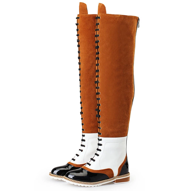 Prova-Perfetto-2018-Retro-Over-The-Knee-Boots-Women-Real-Leather-Suede-Long-Boots-Chain-Cross