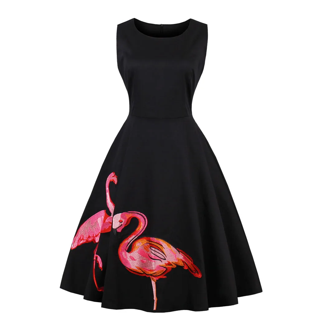 

Vintage Elegant Swing Embroidery Birds Dress Vestidos A-line Business Office Work Tea Dress Women Party Flare Tank Dress
