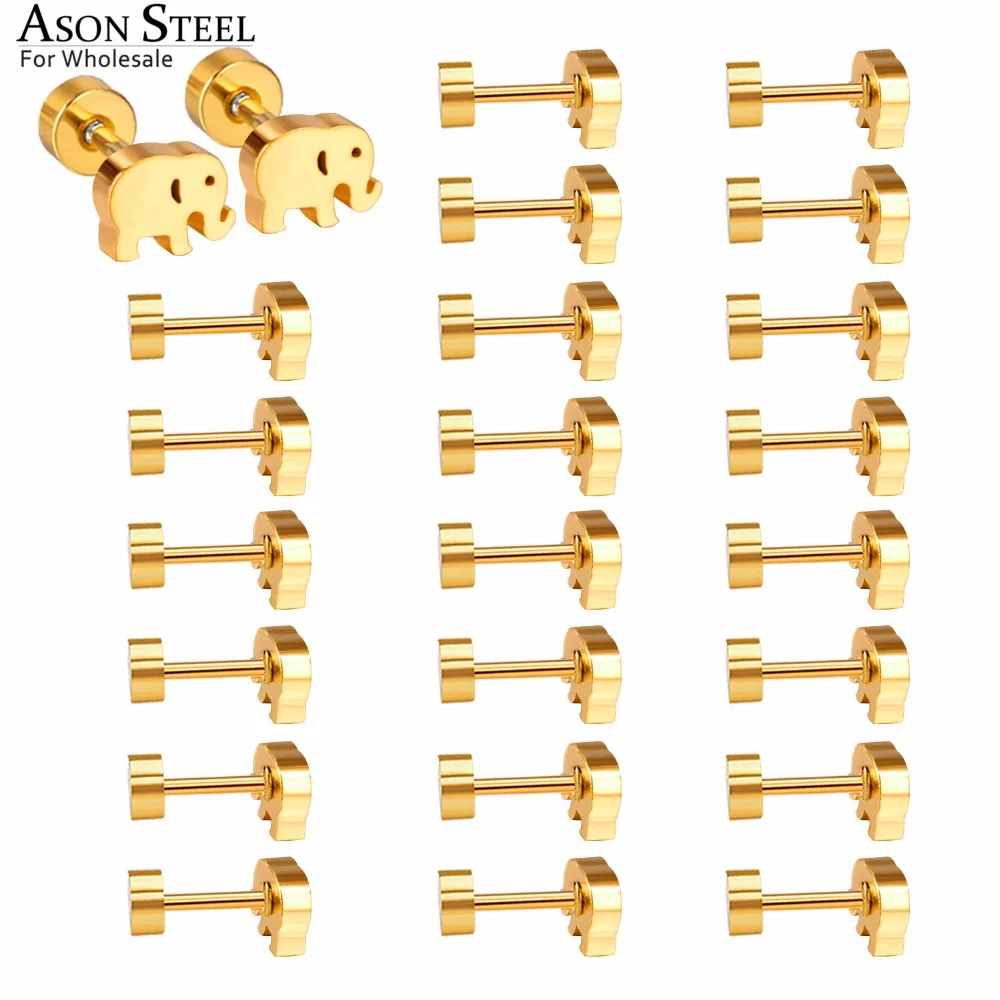 

ASONSTEEL 12pairs/lot Cute Elephant Screw Stud Earrings for Kid Stainless Steel Gold/Silver Animals Brinco Jewelry Wholesale