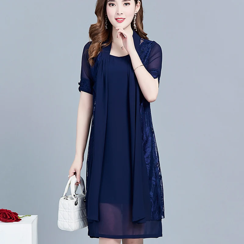 

2Pcs/Set Women Lace Dresses Suit Spring Autumn New Middle Age Mother Fashion Elegant 5XL Plus Size Set Vest Dress + Cardigan 833