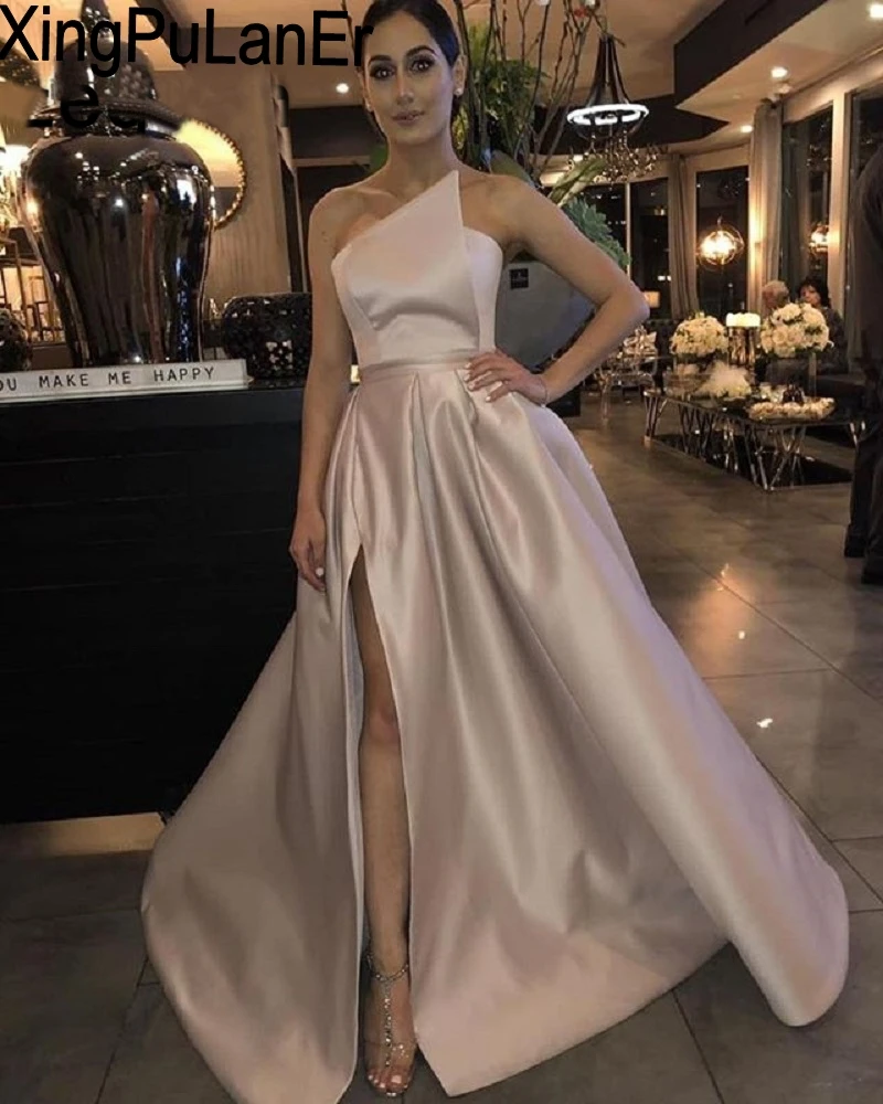 

XingPuLanEr Elegant Prom Dress 2019 A-Line Satin Off the Shoulder High Leg Slit Dubai Saudi Arabic Long Evening Gown