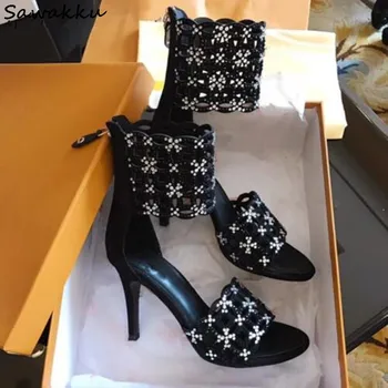 

New Women Gladiator Sandals Black Leather Rhinestones Caged High Heels Ankle Wrap Pumps Party Wedding Party Shoes Woman