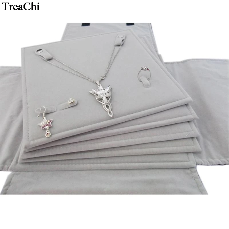 Multi-functional Velvet Jewelry Display Storage Travel Roll Bag 4 Layer Pendant Necklace Earrings Ring Set Jewelry Organizer Bag