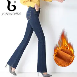 FINEWORDS Зима утолщаются теплый кашемир 2018 Твердые мыть обтягивающие джинсы женские Высокая талия большой размеры синий сапог Cut Flare Джинс