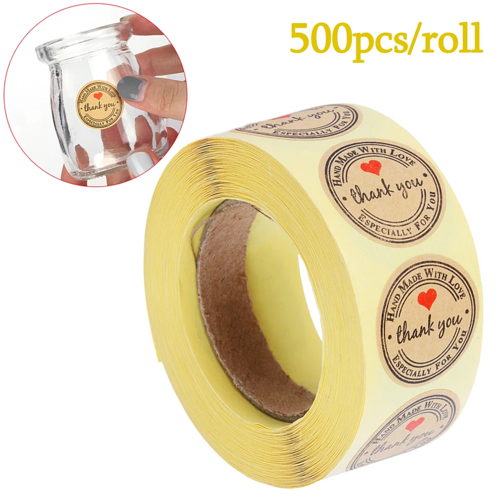 

500PCS/roll 1 Inch Round Kraft Paper Thank You seal labels Hand Made With Love With Red Heart Stickers Paper Stationery sticker