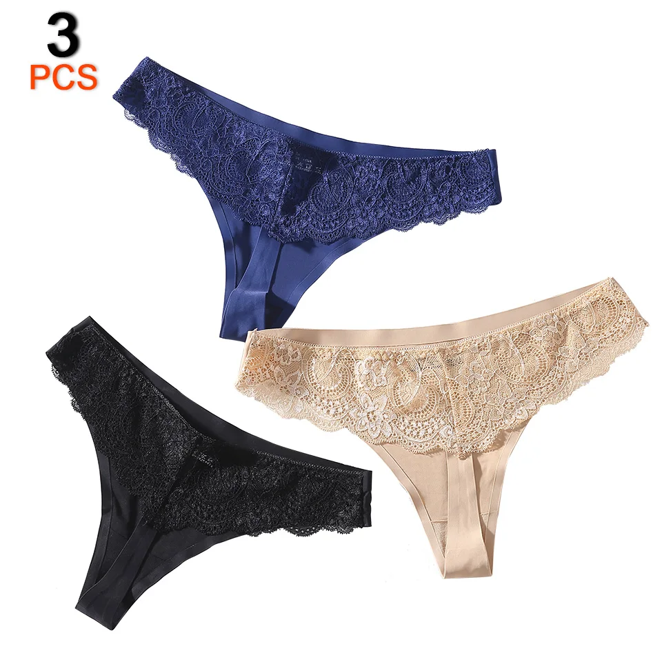 

3Pcs/Lot Sexy Lace Woman Thong Lingerie G-String Low Waist Seamless Panties Female T-back Intimates Bikini Underwear Women New
